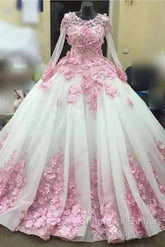 Ball Gown Long Sleeve Tulle Semi Formal Prom Flowers Wedding Dress